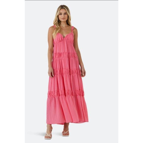 Free The Roses Women's Ruched Layered Maxi Dress Size Medium Pink Feminine - Picture 1 of 10